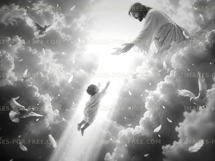 Reaching out in a heavenly scene with doves and clouds