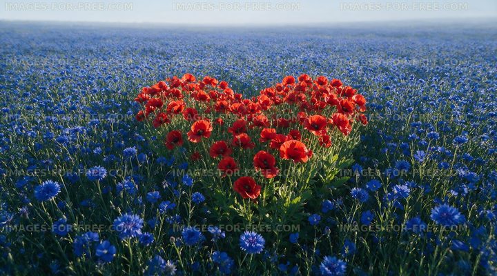 Heart-shaped flower arrangement in a blue and red field