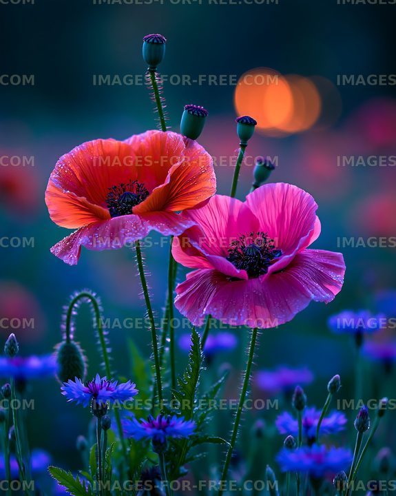 Poppies and blue flowers in a garden during twilight