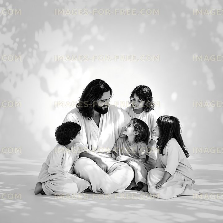 Jesus sitting with children in a warm and friendly gathering
