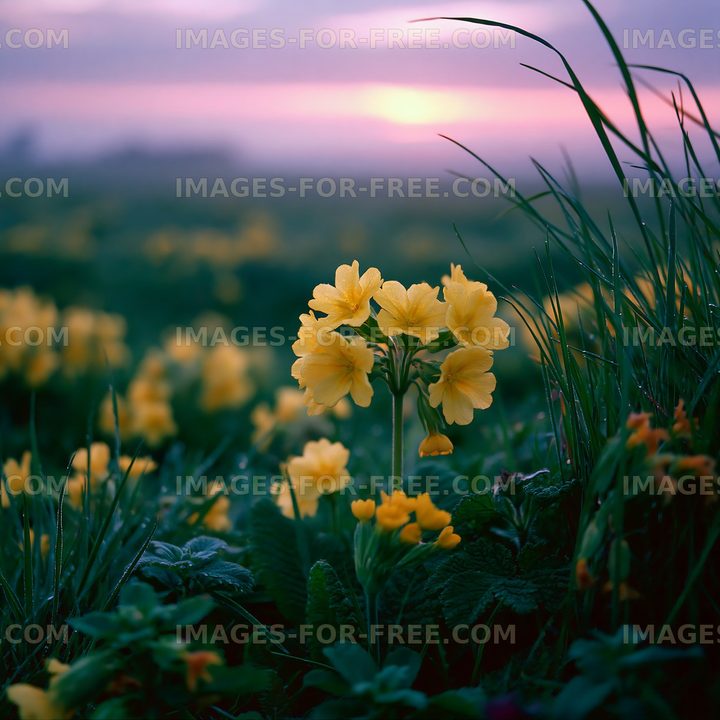 Yellow flowers in a field during sunset
