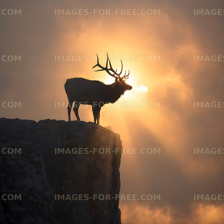 Stag silhouette against a bright sunrise on a rocky cliff