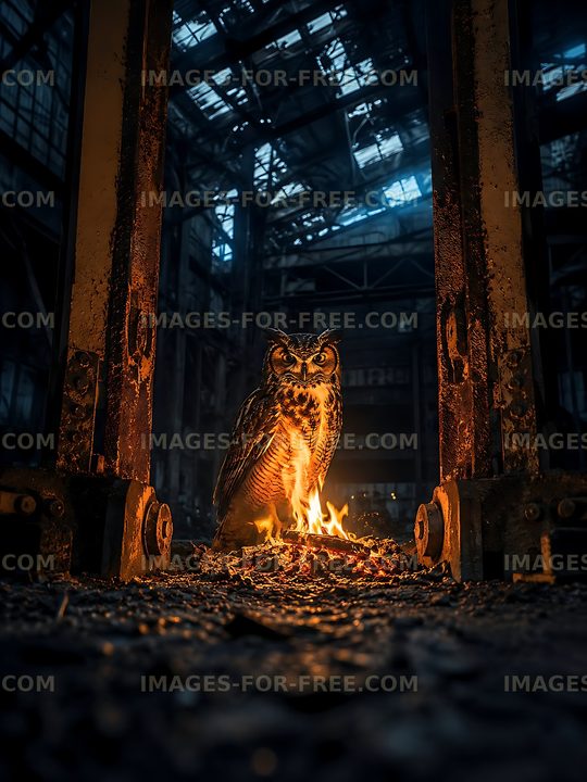 Owl perched near fire in abandoned industrial building