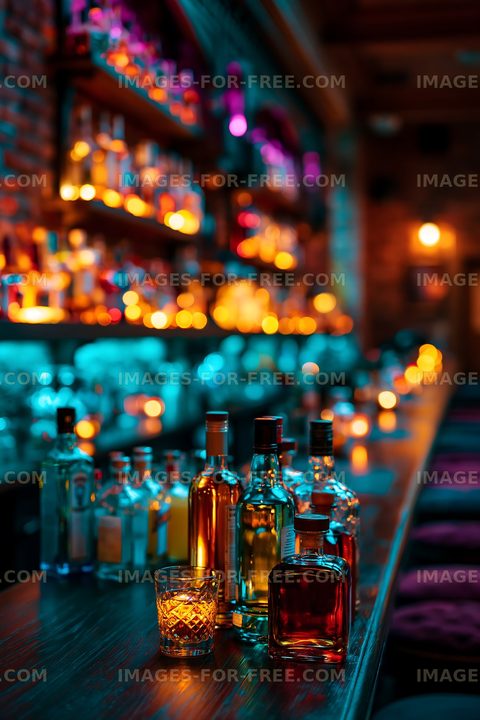 Bar scene with various bottles of liquor and glowing lights