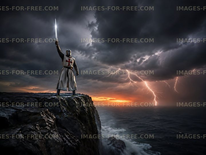 Warrior standing on cliff with sword during stormy sunset