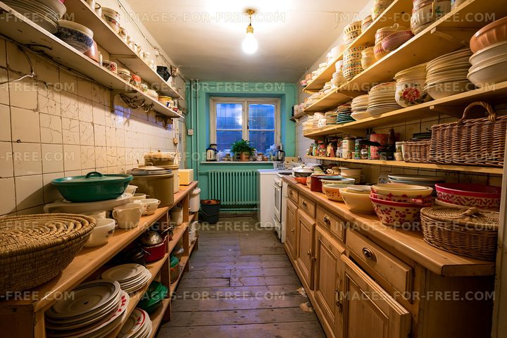 Rustic kitchen filled with dishes and wooden shelves