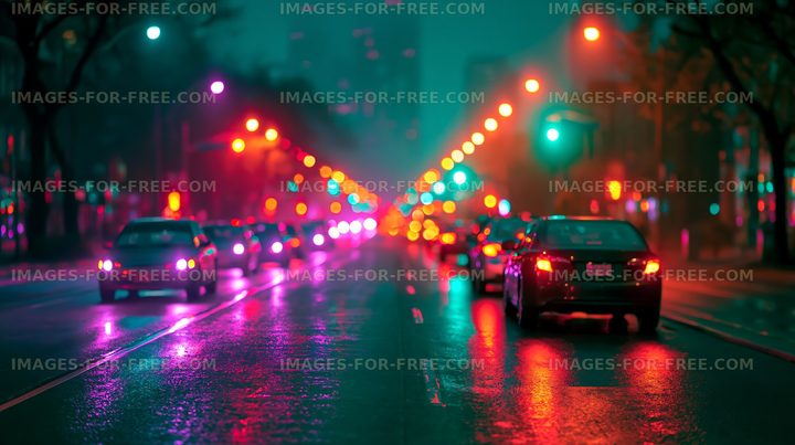 Nighttime city street with car lights and reflections