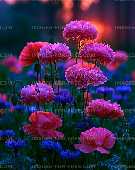 Colorful flowers bloom at sunset in a vibrant garden