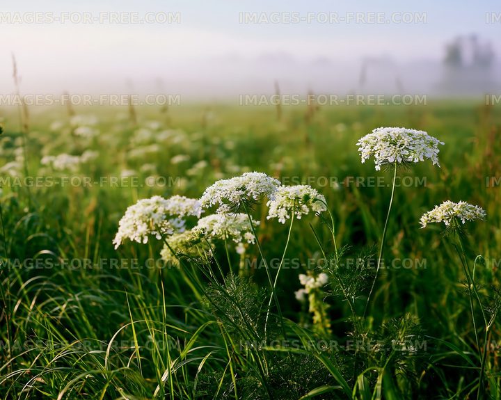 Wildflowers in a foggy meadow at dawn