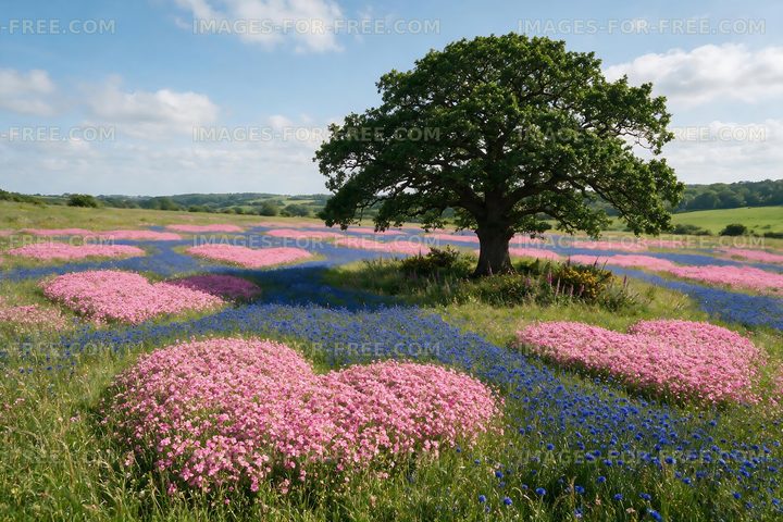 Heart-shaped flower patterns in a field with a lone tree