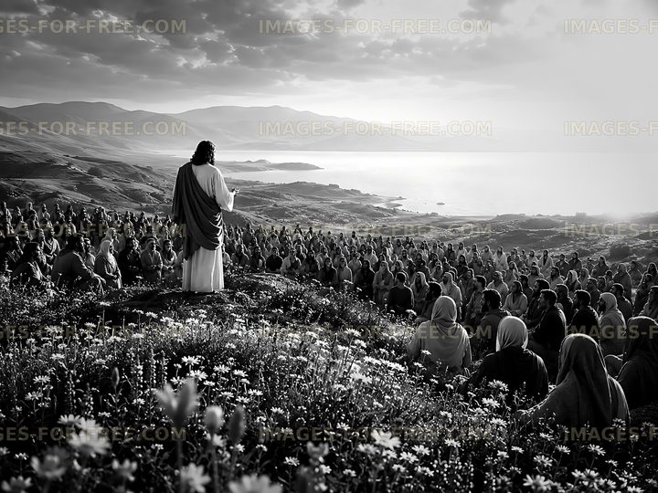 Crowd listening to a speaker on a hillside near the sea