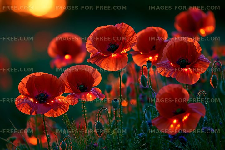 Poppies blooming at sunset in a meadow