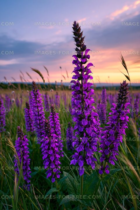 Violet flowers blooming under sunset sky