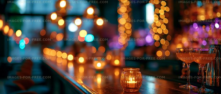 Warm lighting and drinks on a bar at a nighttime setting