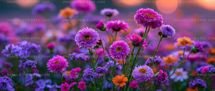Colorful flowers blooming in a garden during sunset