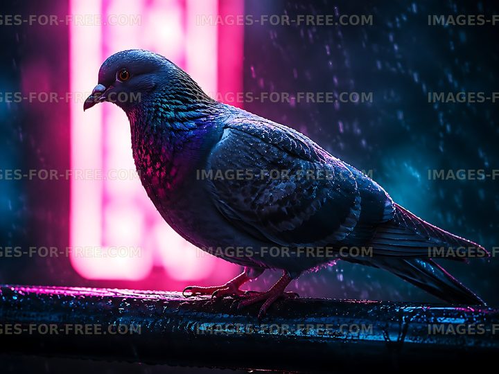 Pigeon perched on railing in rainy neon-lit urban scene