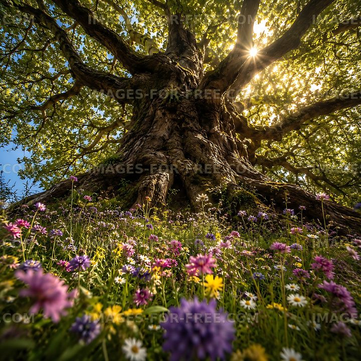 Large tree with sunlight filtering through leaves over flowers