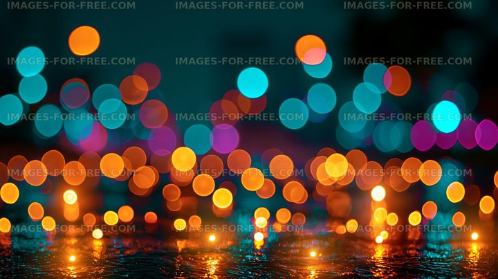 Colorful bokeh lights at night near a wet surface