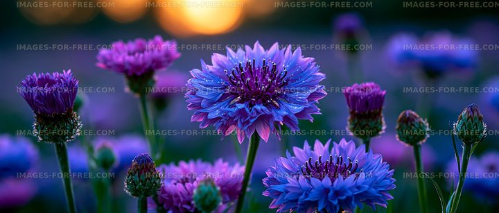 Vibrant flowers bloom in a field during sunset