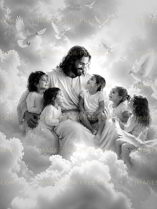 Jesus with children in a cloud-filled scene