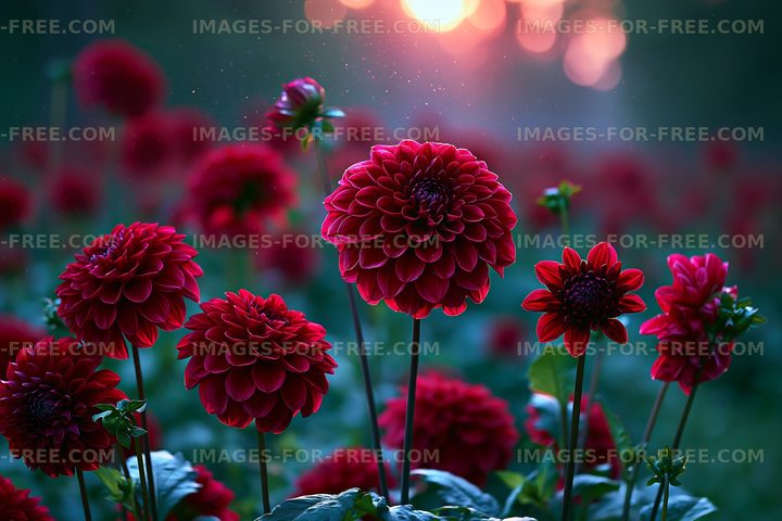 Bright red flowers bloom in a garden during sunset