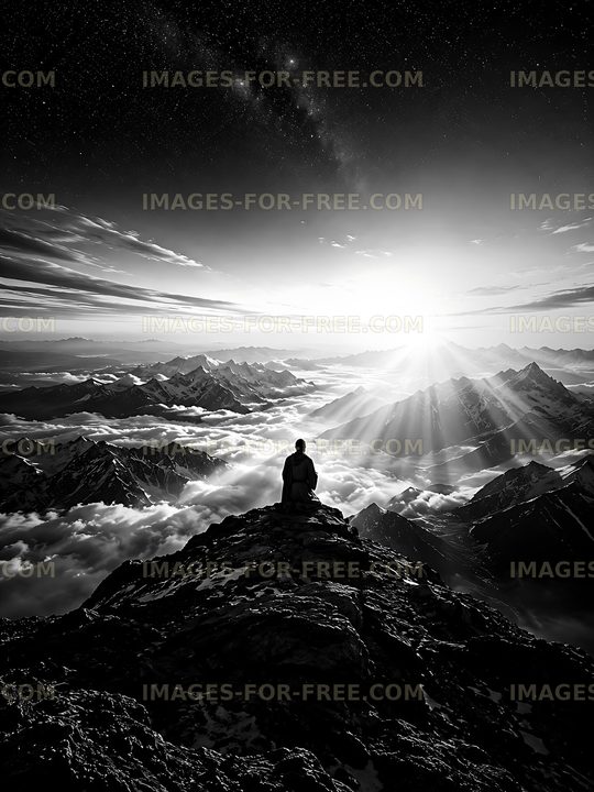 Person sits on rocky summit overlooking mountains at sunrise