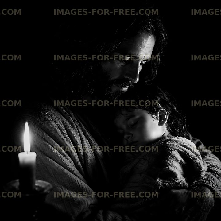 Emotional moment between a man and a child in dim light