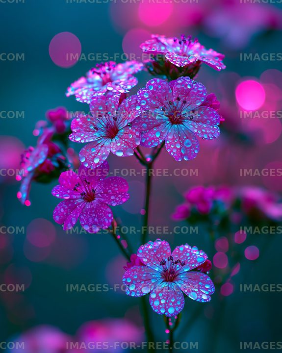 Colorful flowers with water droplets against a dark background