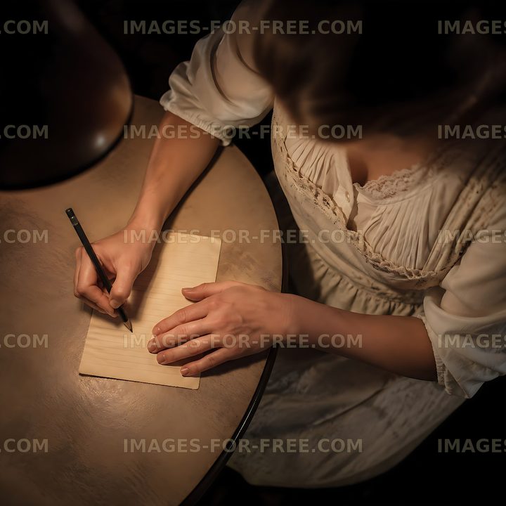 Woman writing at a wooden table under a lamp