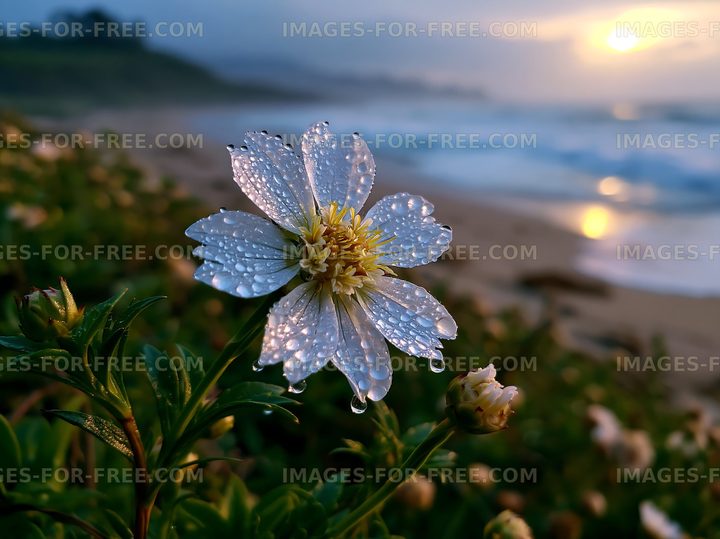 Flower with water droplets on beach during sunset