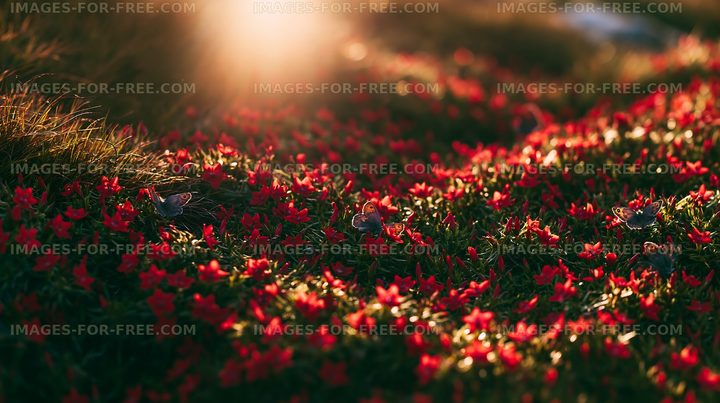 Red flowers bloom in a sunny meadow during the day