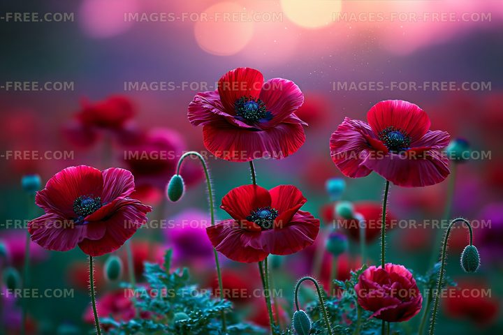Vibrant red poppies blooming in a colorful field at sunset