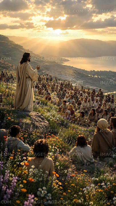 Jesus speaks to a crowd on a hillside during sunset