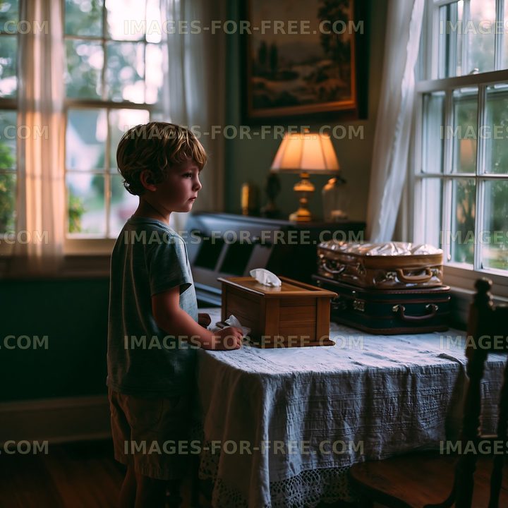 Boy standing at a table with a tissue box in a cozy room