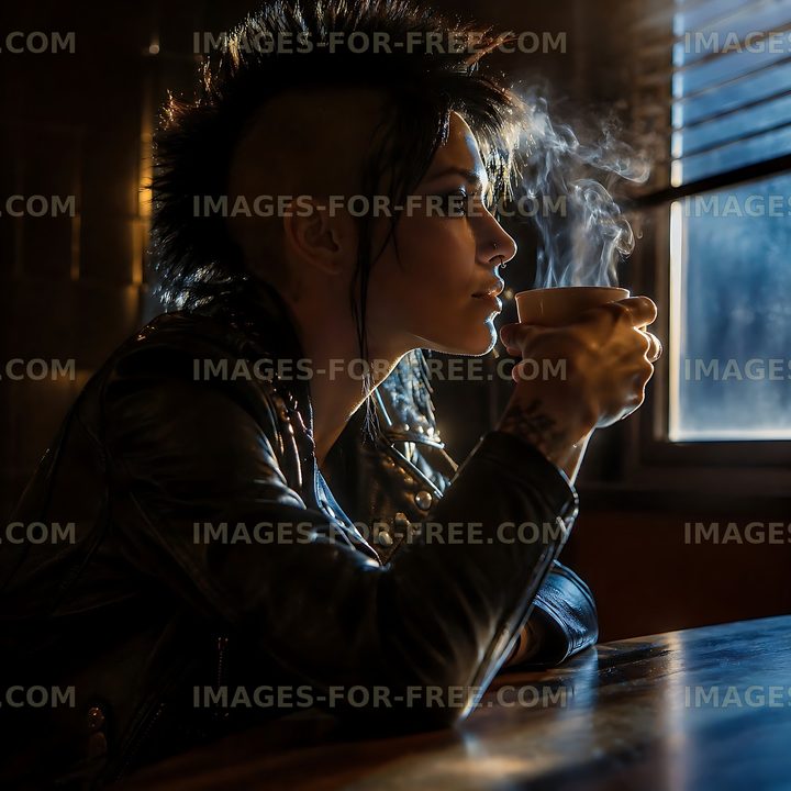 Person sitting by window holding cup and looking outside