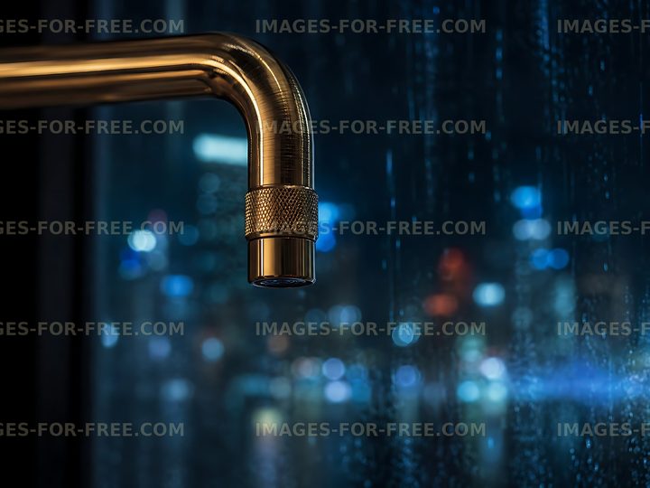 Faucet dripping water against illuminated city background