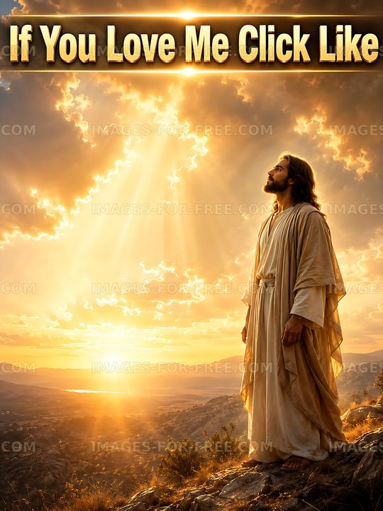 Jesus stands on a mountain during sunset with dramatic clouds