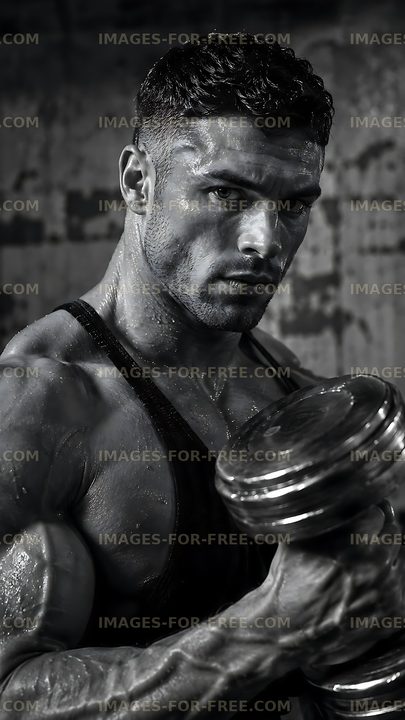 Muscular man lifting dumbbell in a gym setting