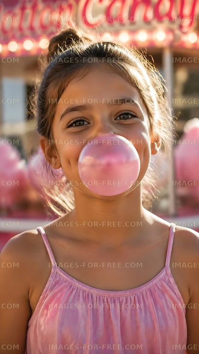 Girl blowing a bubblegum bubble at a fair