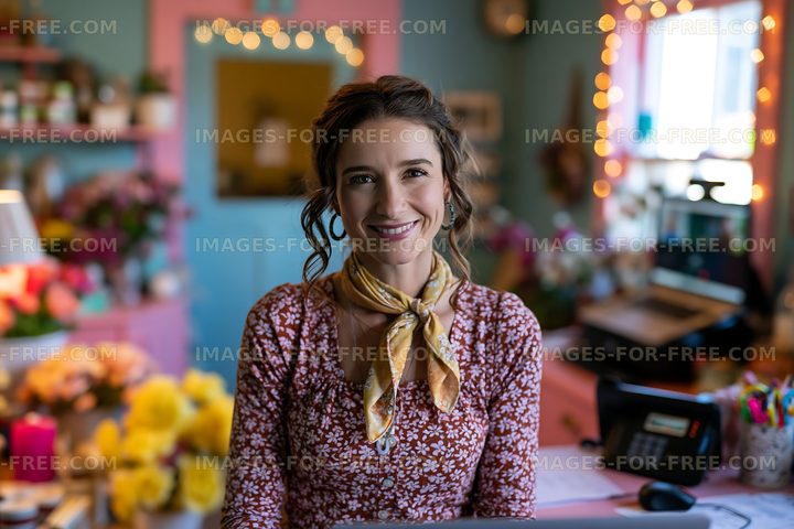 Smiling woman works in a flower shop filled with colorful blooms