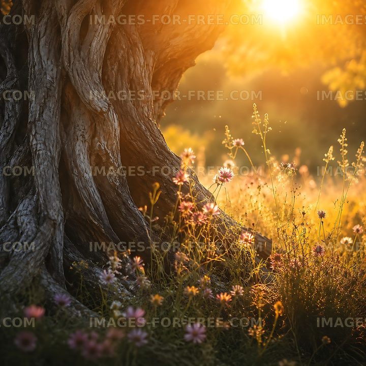 Sunlight shining through a tree with blooming flowers