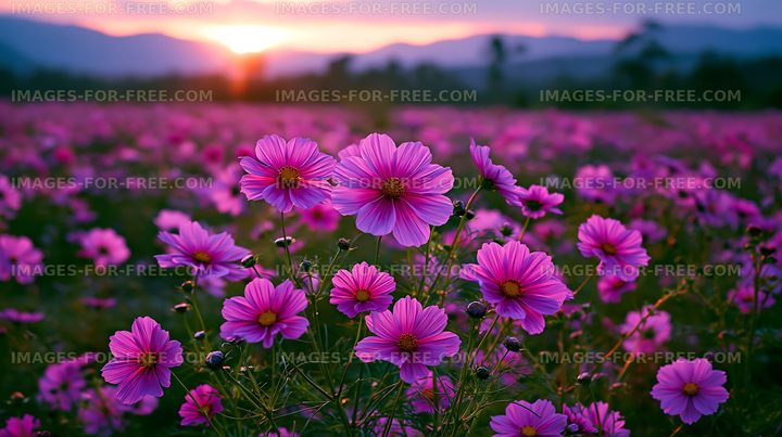 Sunset over a field of blooming pink flowers