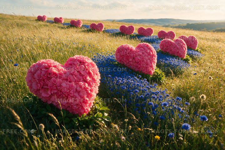 Floral heart shapes on a grassy field