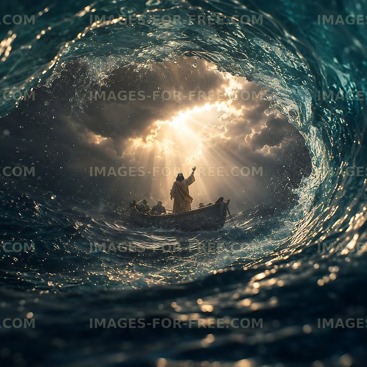 Boat caught in a massive wave with a figure raising a hand