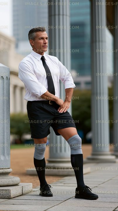 Businessman posing with knee socks in urban setting