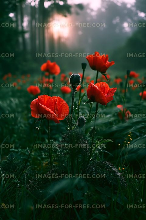 Red poppies bloom in a misty forest field at sunrise