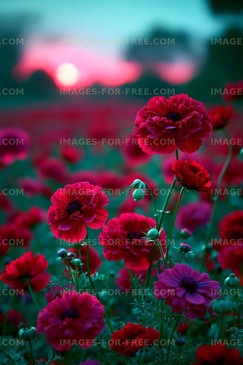 Bright red flowers in a field during sunset
