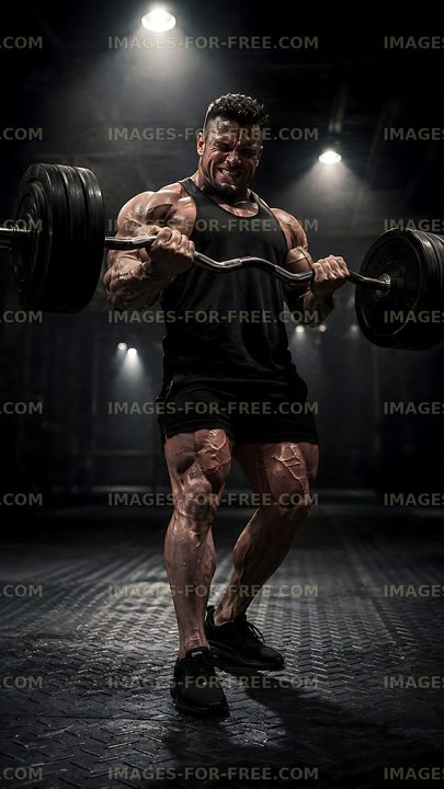 Weightlifter training in gym with heavy barbell