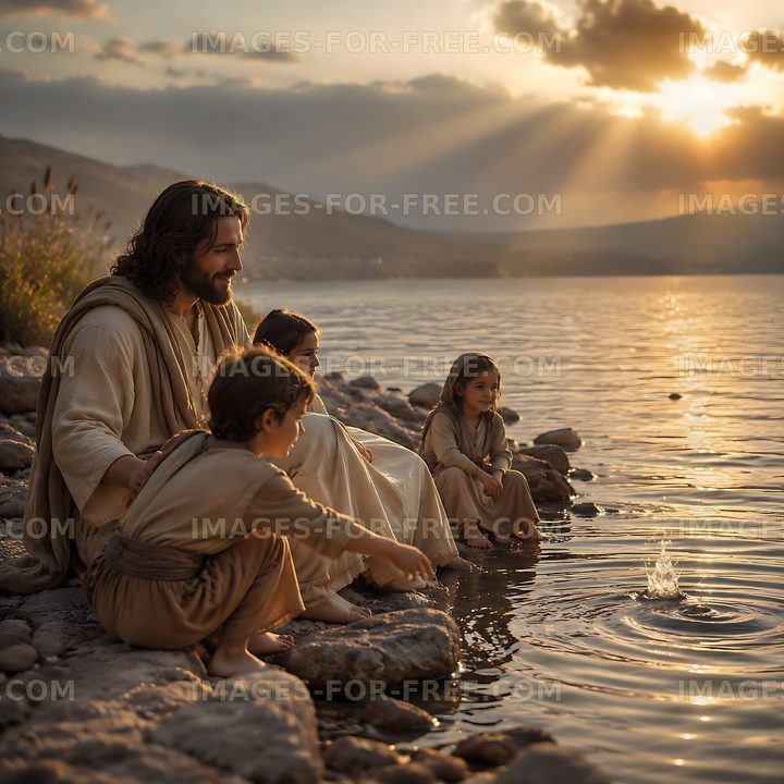 People sitting by a lake during sunset