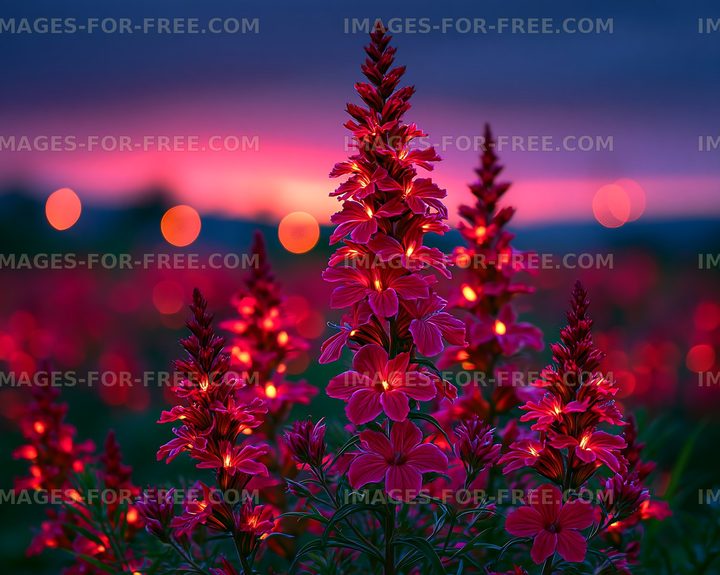 Bright flowers bloom at sunset with blurred lights in background